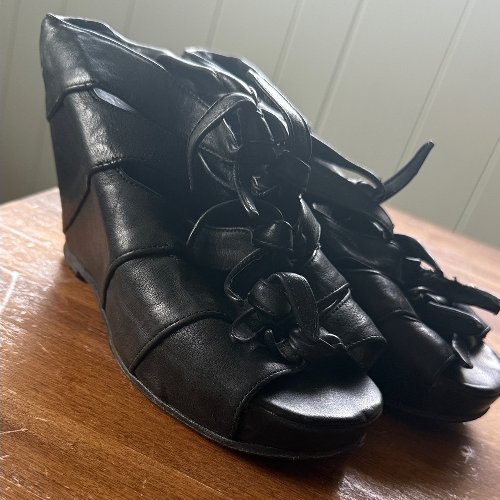 Rick Owens Black Leather Wedge Sandals